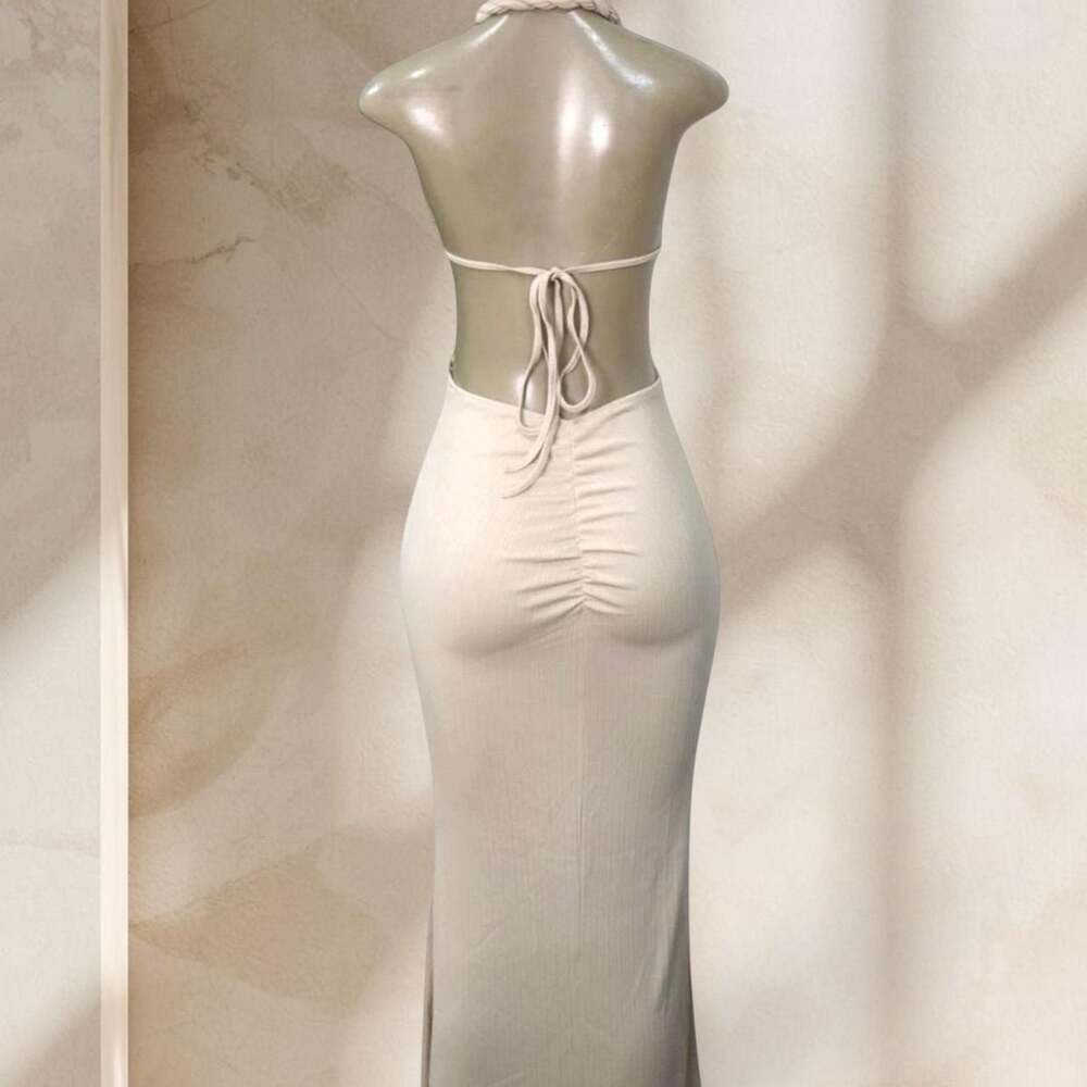 Beige Cutout Maxi Dress – Halter Neck Braided Detail Bodycon w/ Sexy Chic ✧ S - Picture 5 of 5